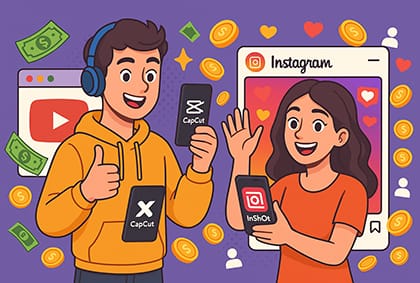 پسر و دختری شاد در حال تولید محتوا با کات کات و اینشات، موفق در یوتیوب و اینستاگرام با فالوور و درآمد زیاد.