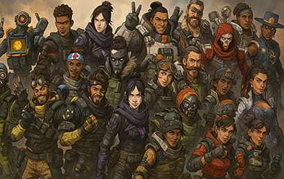 تصویر گروهی از تمام شخصیت‌های اصلی، مثبت و منفی بازی Apex Legends در کنار هم، با طراحی دیجیتال واقع‌گرایانه و بدون متن، در فضایی جنگی و پرتنش با ترکیب رنگ‌های گرم و سرد