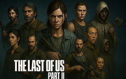 تصویر گروهی شخصیت‌های اصلی و فرعی بازی The Last of Us Part II در فضای تاریک و آخرالزمانی.