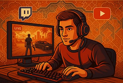 استریمر در حال پخش زنده بازی GTA در یوتیوب و توییچ.