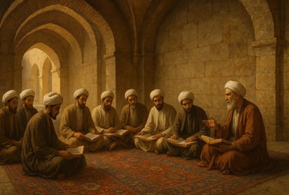 جمعی از طلاب حوزه علمیه در نجف ۵۰۰ سال پیش در حال مطالعه منطق در یک مدرسه قدیمی با طاق‌های سنگی و معماری تاریخی، نشسته بر روی فرش سنتی و پوشیده در لباس و عمامه‌های سنتی