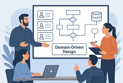 تحلیل نیازمندی‌ها و طراحی دامنه در مهندسی نرم‌افزار با استفاده از User Story و Domain-Driven Design، نمایش تیم توسعه در حال طراحی سیستم پیچیده نرم‌افزاری