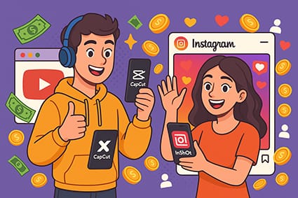 پسر و دختری شاد در حال تولید محتوا با کات کات و اینشات، موفق در یوتیوب و اینستاگرام با فالوور و درآمد زیاد.