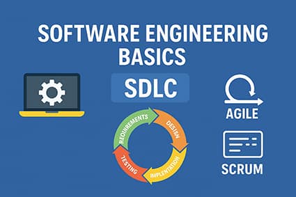 تصویر نمادین آموزش مهندسی نرم‌افزار پایه با نمایش SDLC و مدل‌های فرآیندی Agile، Scrum و DevOps